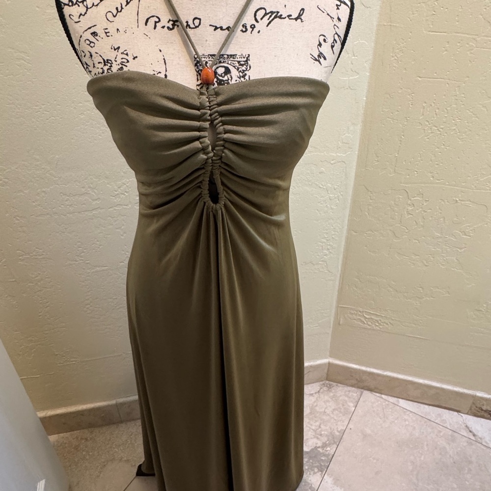 Jason Wu Olive Green Beaded Strapless Ruched Cocktail Dress